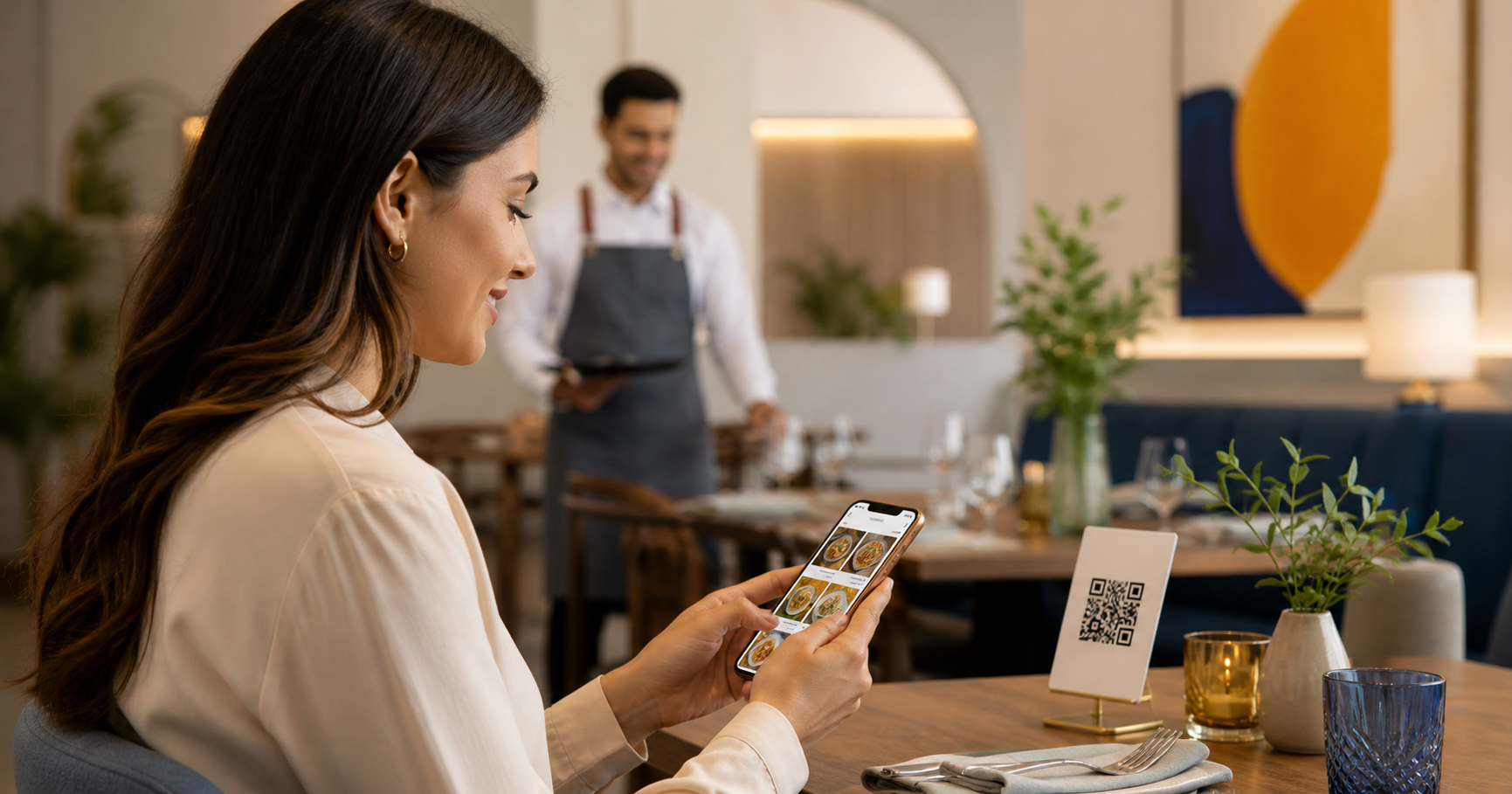 Cliente em restaurante acessando cardápio digital por QR Code no celular