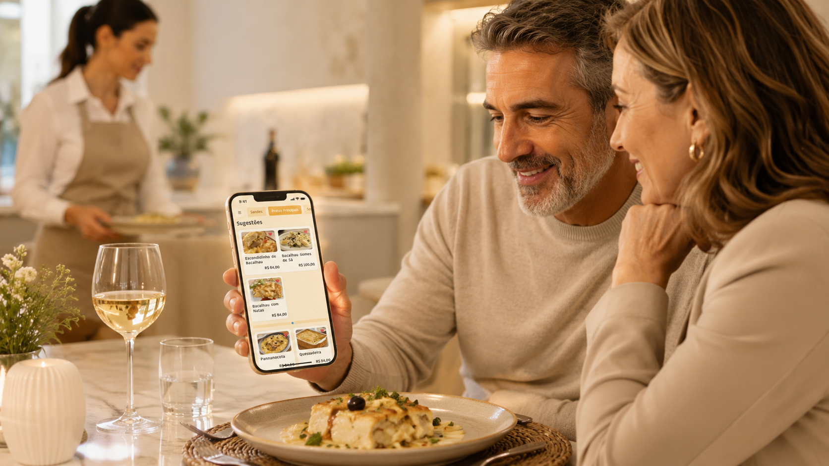 Cardápio digital com descrição curta, etiquetas e harmonização para prato em restaurante